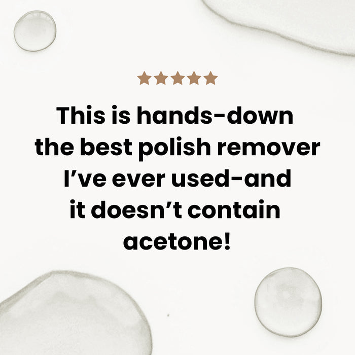 Text on a light background reads: “This is hands-down the best gentle nail polish remover I’ve ever used—and it doesn’t contain acetone! Mini Strengthening Lacquer Remover by LONDONTOWN has exceeded my expectations.” Five stars are shown above the text.