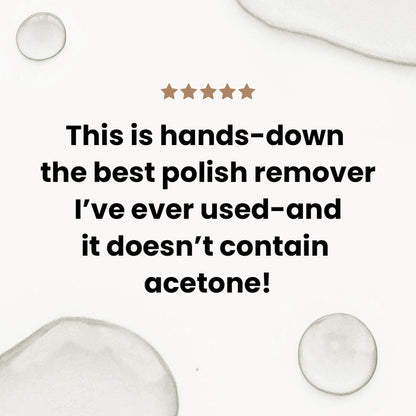 Text on a light background reads: “This is hands-down the best gentle nail polish remover I’ve ever used—and it doesn’t contain acetone! Mini Strengthening Lacquer Remover by LONDONTOWN has exceeded my expectations.” Five stars are shown above the text.