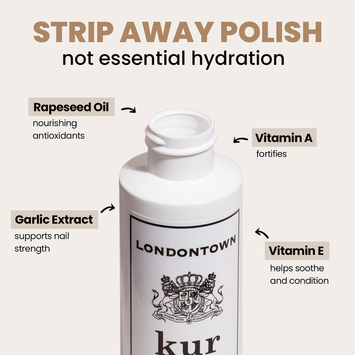 Open bottle of LONDONTOWN Mini Strengthening Lacquer Remover, featuring labeled ingredients such as rapeseed oil, garlic extract, vitamin A, and vitamin E with their respective benefits listed. This gentle nail polish remover is non-acetone and comes in a convenient travel size for on-the-go nail care.