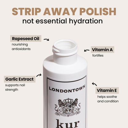 Open bottle of LONDONTOWN Mini Strengthening Lacquer Remover, featuring labeled ingredients such as rapeseed oil, garlic extract, vitamin A, and vitamin E with their respective benefits listed. This gentle nail polish remover is non-acetone and comes in a convenient travel size for on-the-go nail care.