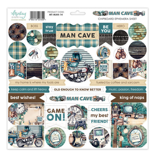 Mintay - 12X12 Chipboard Ephemera Sheet - Man Cave. A strong masculine vibe, created around hobbies. Available at Embellish Away in Bowmanville Ontario Canada.