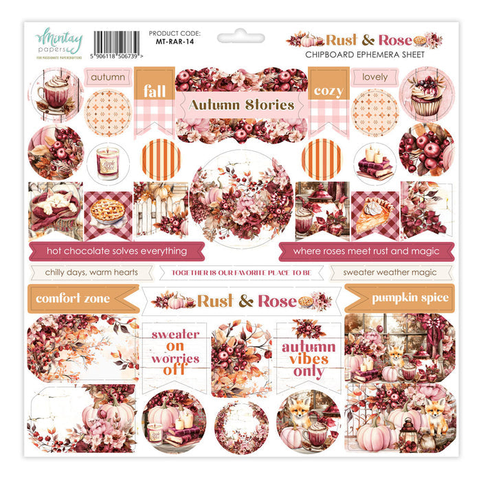 Mintay - 12X12 Chipboard Ephemera Sheet - Rust & Rose. Available at Embellish Away in Bowmanville Ontario Canada.