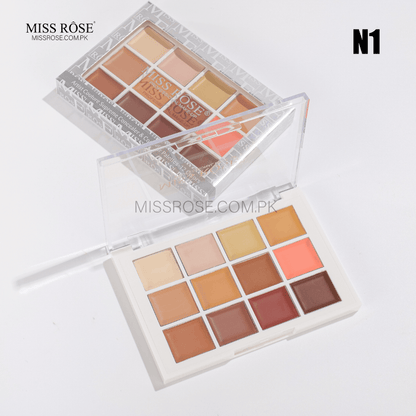 Miss Rose Artist Concealer & Contour Palette with 12 cream shades in a white compact, includes skin-tone and color correctors for face makeup.