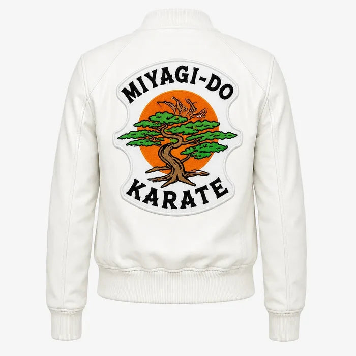 White jacket with 'Miyagi-Do Karate' logo on the back against a white background