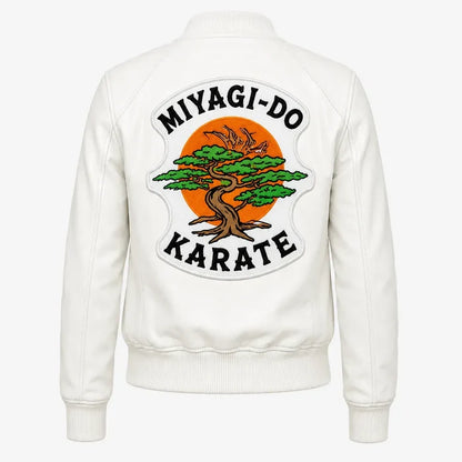 White jacket with 'Miyagi-Do Karate' logo on the back against a white background