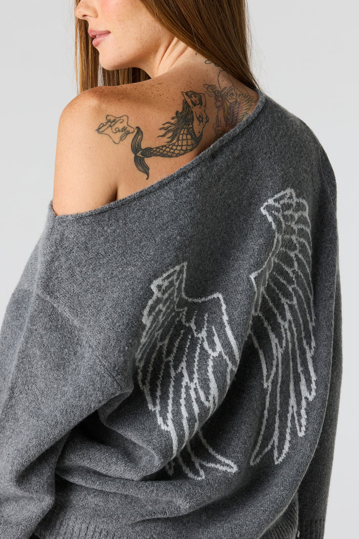 Mossy Jacquard Knit Off Shoulder Sweater