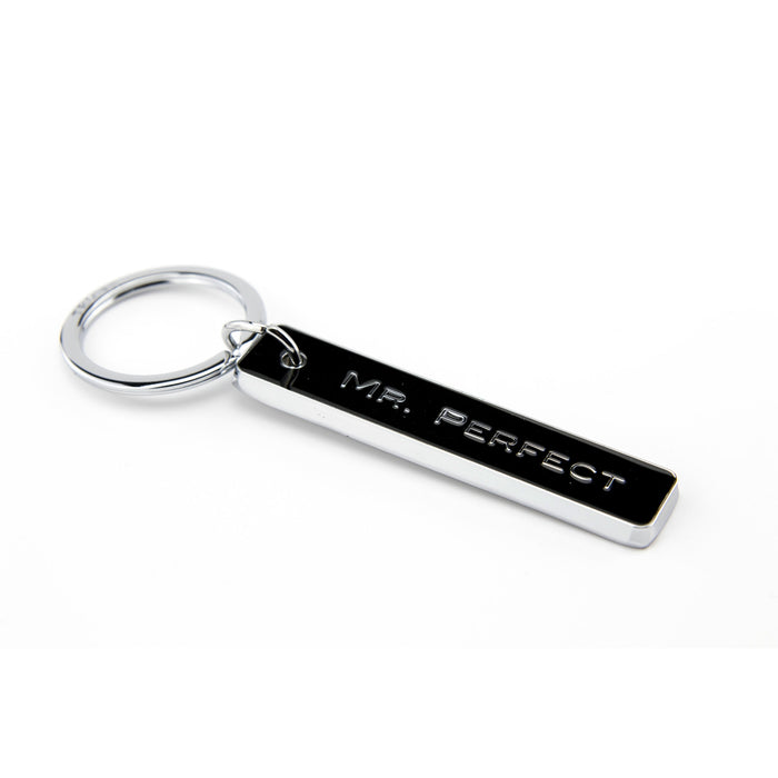 Mr. Perfect black enamel bar keychain with chrome split ring