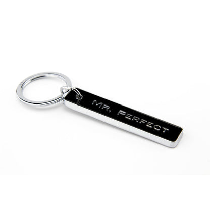 Mr. Perfect black enamel bar keychain with chrome split ring
