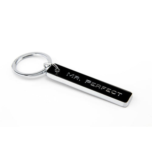 Mr. Perfect black enamel bar keychain with chrome split ring