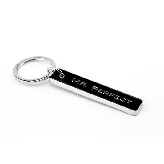 Mr. Perfect black enamel bar keychain with chrome split ring