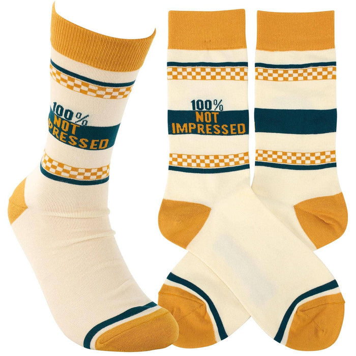 Questionables Not Impressed Socks featuring a humorous printed design, showcasing the colorful sock pattern and brand logo.