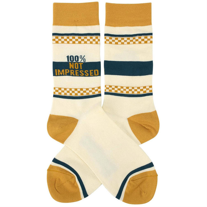 Questionables Not Impressed Socks featuring a humorous design with expressive text on comfortable, casual sock material.