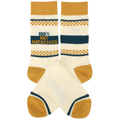 Questionables Not Impressed Socks featuring a humorous design with expressive text on comfortable, casual sock material.
