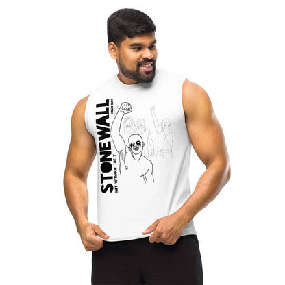 Man wearing a white sleeveless shirt with 'STONewall' design on a white background