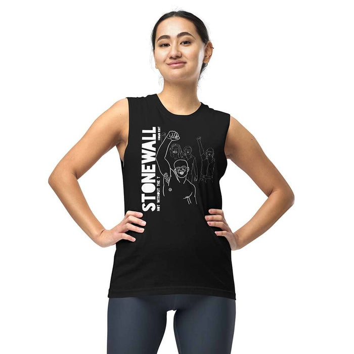 Person wearing a black sleeveless shirt with 'Stonewall' design on a white background