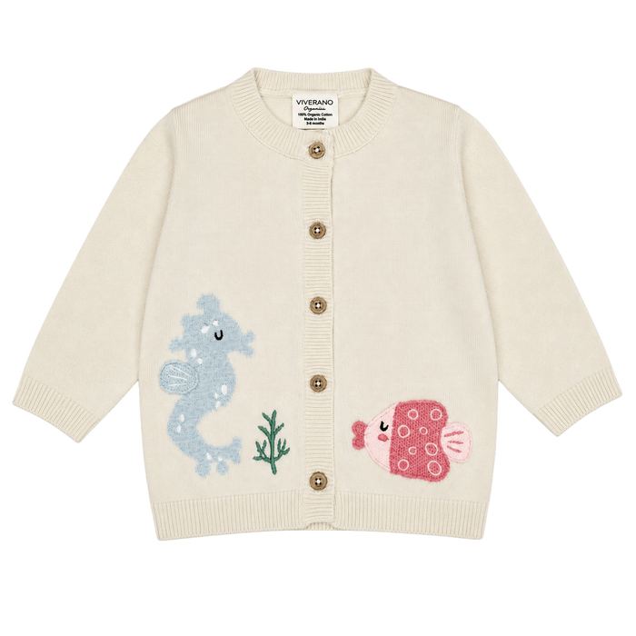 Ocean Friends Jacquard Knit Baby Cardigan Sweater made of organic cotton
