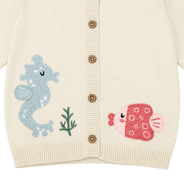 Close up of Ocean Friends Jacquard Knit Baby Cardigan Sweater made of organic cotton