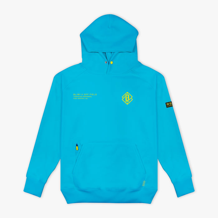 Blue hoodie with yellow BL101 logo on a white background