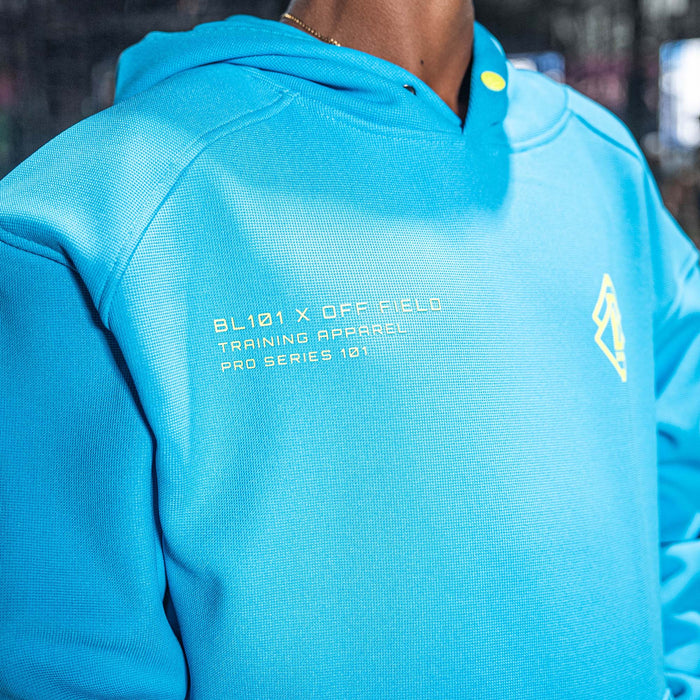 Blue Hoodie with BL101 x OFF FIELD text