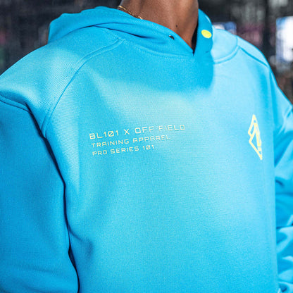 Blue Hoodie with BL101 x OFF FIELD text