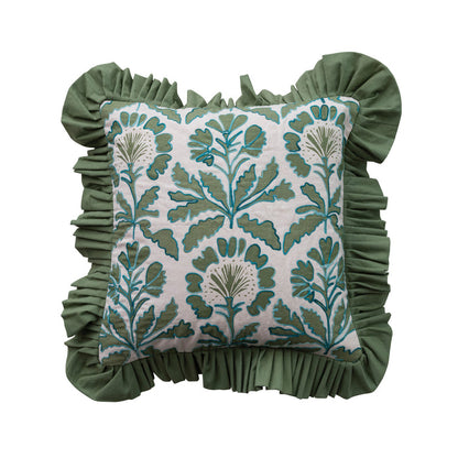 Olive Ruffle Hand Stamped Cotton Pillow