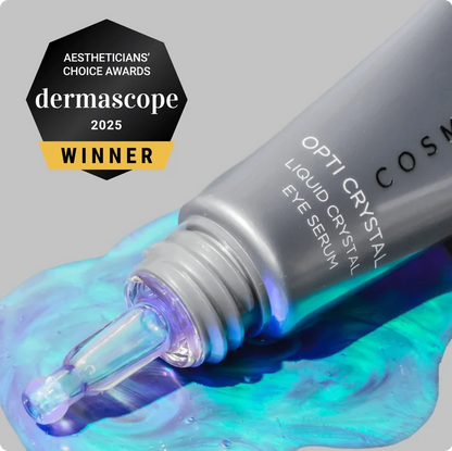 Cosmetic bottle of Opti Crystal Liquid Crystal Eye Serum with Dermascope 2025 Aestheticians' Choice Award badge.