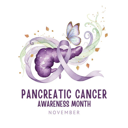 Pancreatic cancer awareness ribbon with a butterfly and text on a white background