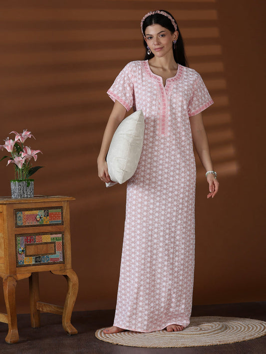 Peach soft cotton chikankari nighty for women worldwide