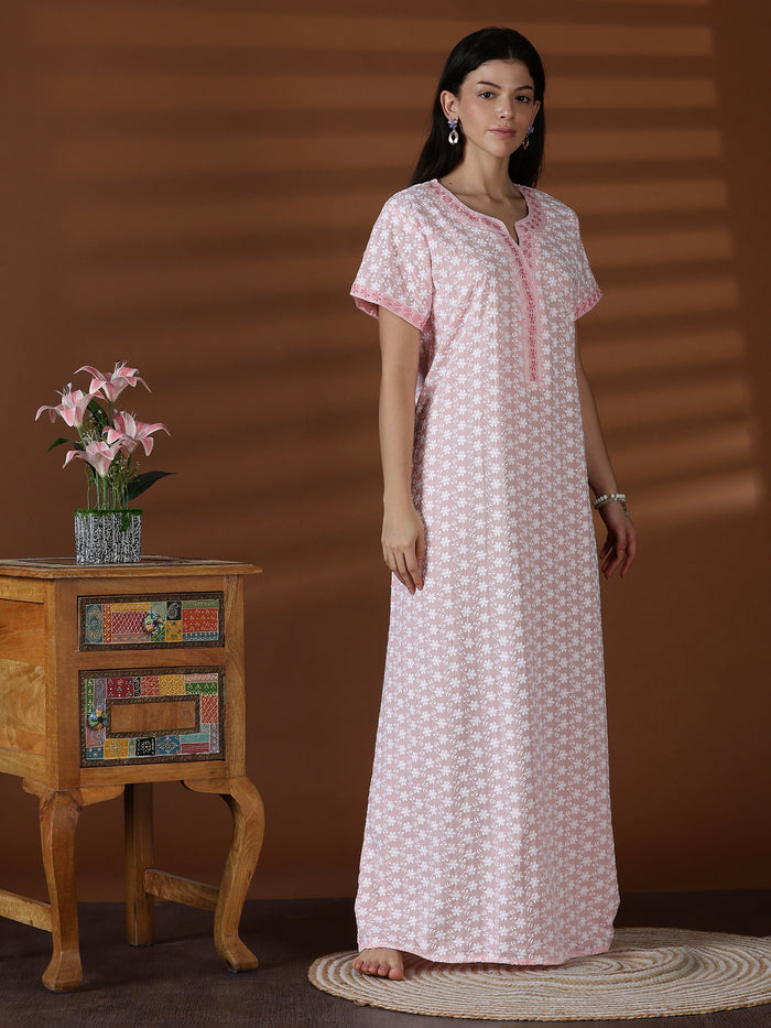 Peach soft cotton chikankari nighty for women worldwide