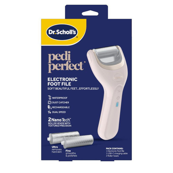 Dr.Scholl's pedi perfect electronic foot file retail package with roller heads and cable