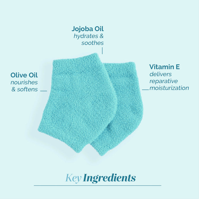LONDONTOWN Pedi Perfect Heel Socks are shown in blue, featuring key ingredients—jojoba oil, olive oil, and vitamin E—for moisture-locking, nourishing, and reparative heel care.