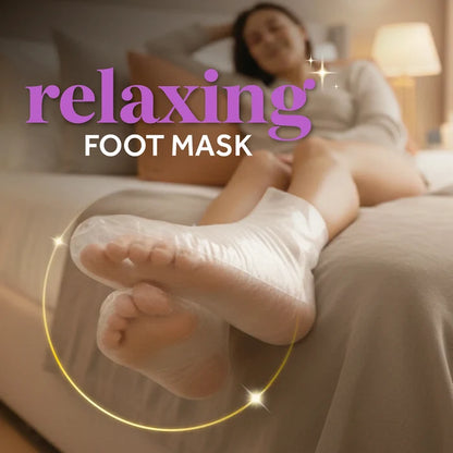 Warming paraffin foot mask on feet, white disposable booties covering toes and heels