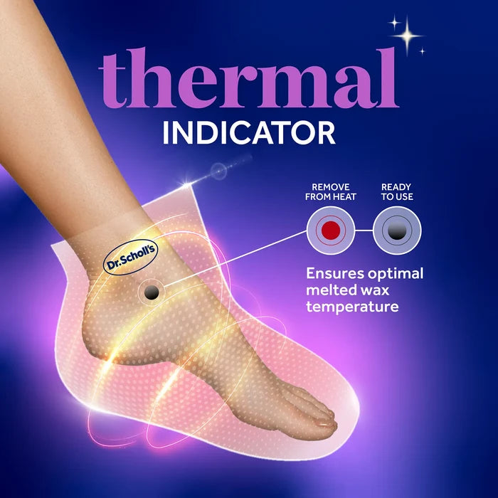 Warming paraffin foot mask thermal indicator on a foot with clear, disposable bootie