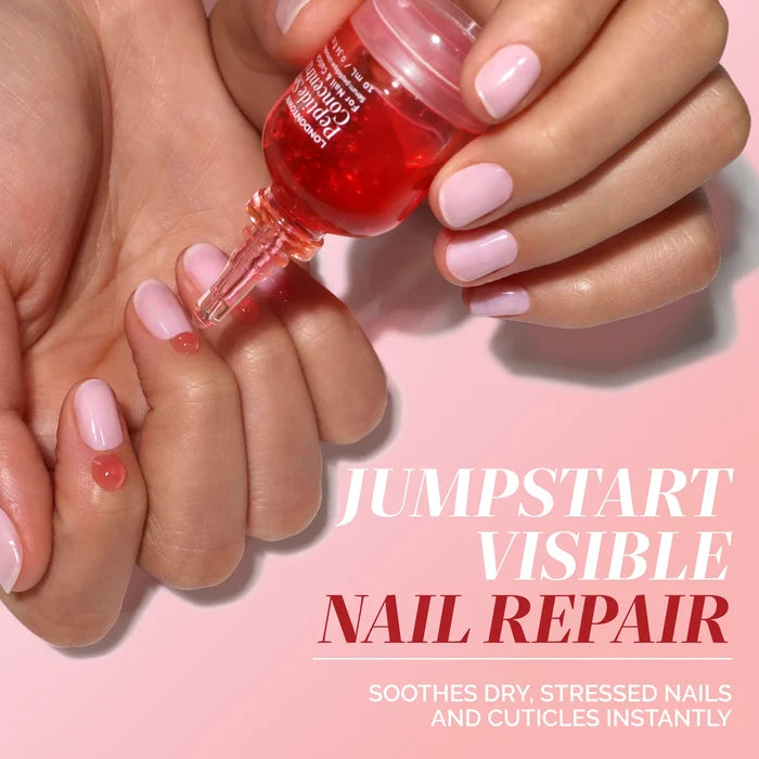 A person applies LONDONTOWN Peptide Serum Concentrate to their fingernails, with the text: "Jumpstart Visible Nail Repair. This nourishing serum soothes dry, stressed nails and cuticles instantly.