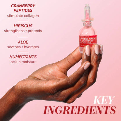 A hand holds LONDONTOWN’s Peptide Serum Concentrate; text highlights cranberry peptides, hibiscus, aloe, and humectants as key ingredients for powerful nail repair and cuticle serum benefits.