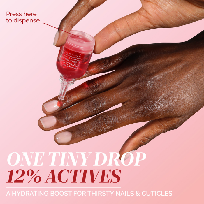 A hand dispenses LONDONTOWN's Peptide Serum Concentrate onto fingernails, with text reading "One Tiny Drop, 12% Actives" to hydrate nails and cuticles, delivering powerful repair and nourishing benefits.