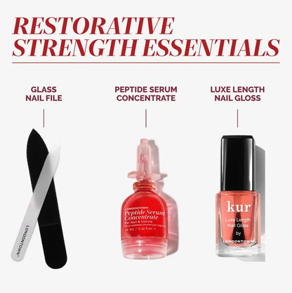 Three restorative nail care products: a glass nail file, a bottle of LONDONTOWN Peptide Serum Concentrate, and a bottle of luxe length nail gloss, each labeled with their name.