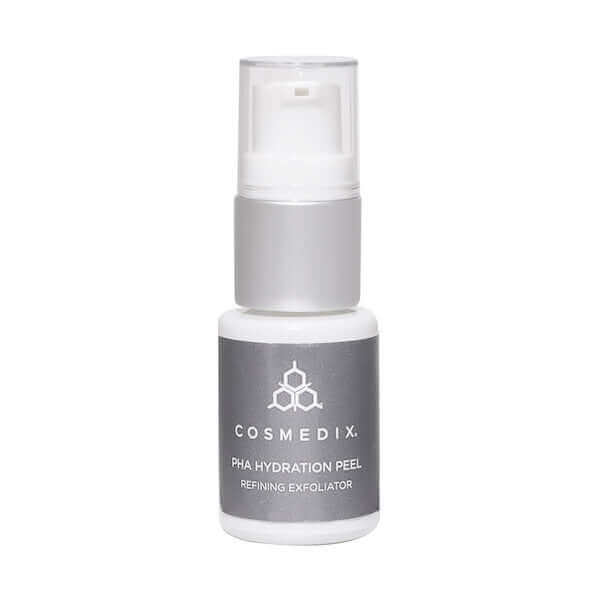 CosMedix Elite PHA Hydration Peel bottle with pump next to its box on a white background