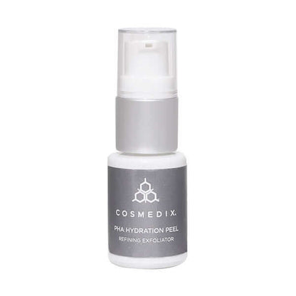 CosMedix Elite PHA Hydration Peel bottle with pump next to its box on a white background