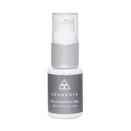 CosMedix Elite PHA Hydration Peel bottle with pump next to its box on a white background