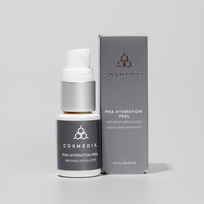 Cosmedix PHA Hydration Peel bottle facing a gray box packaging