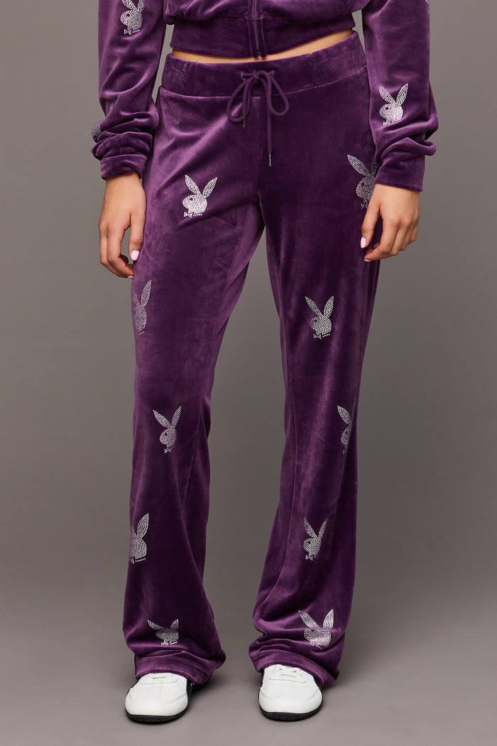 Playboy Rhinestone Velour Wide Leg Pant