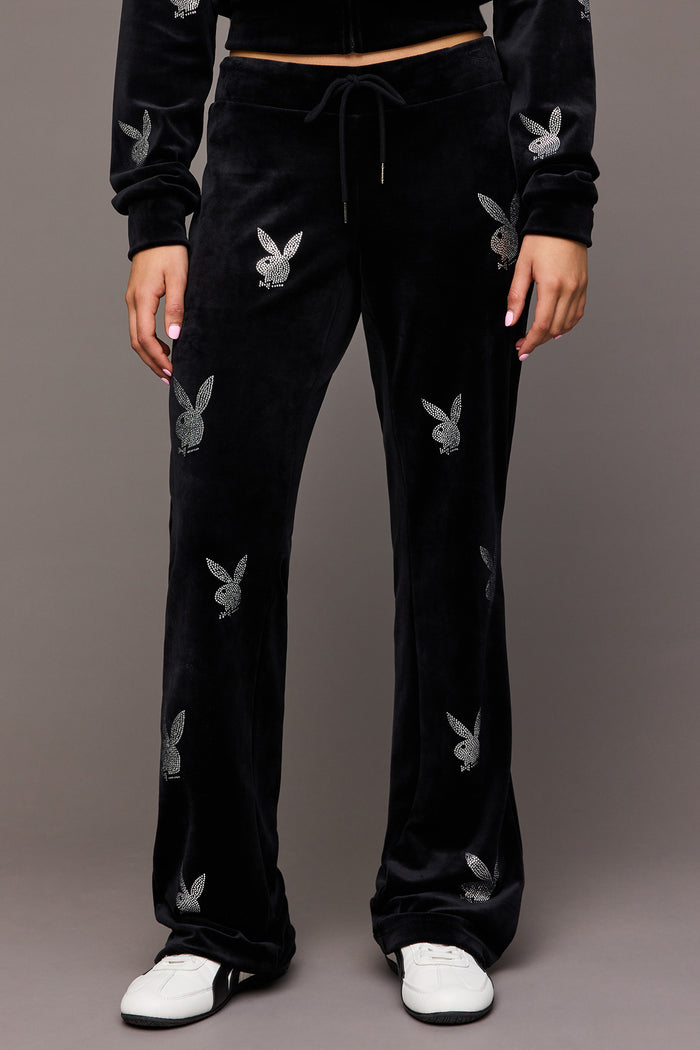 Playboy Rhinestone Velour Wide Leg Pant