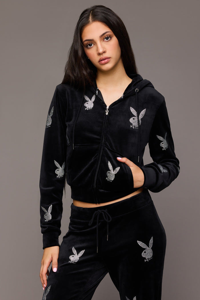 Playboy Rhinestone Velour Zip-Up Hoodie