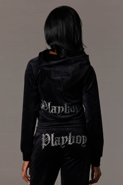 Playboy Rhinestone Velour Zip-Up Hoodie