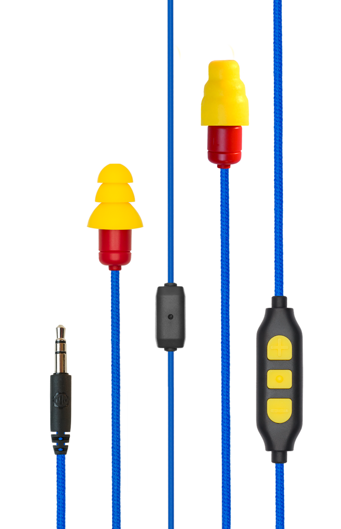 Red Yellow Plugfones Protector PLUS Industrial Earplugs with Headphones Yellow Blue