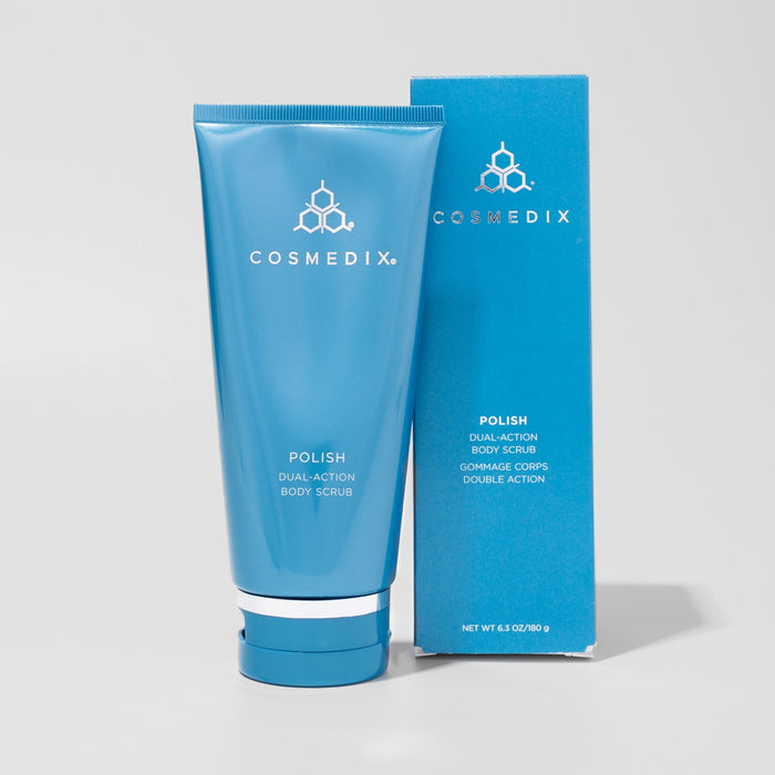 COSMEDIX Polish packaging showing Dual-Action Body Scrub tube beside a matching blue box.