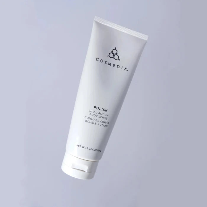 White COSMEDIX Polish Dual-Action Body Scrub tube angled to reveal the label.