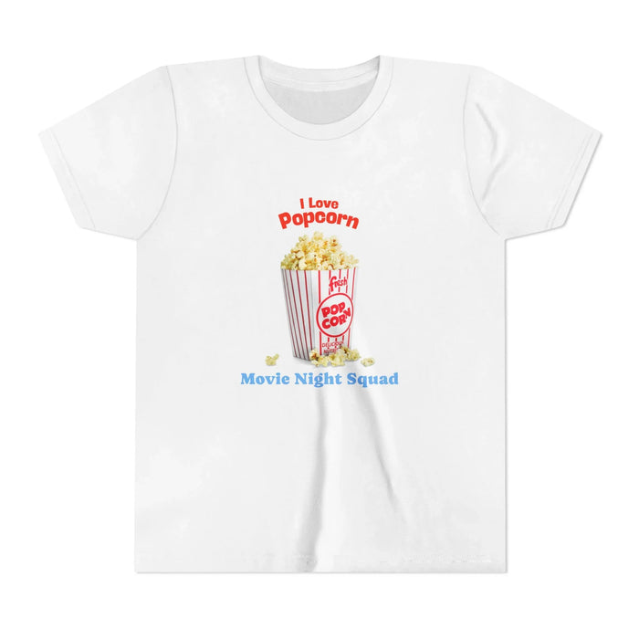 White t-shirt with graphic of popcorn bucket and text 'I Love Popcorn Movie Night Squad'