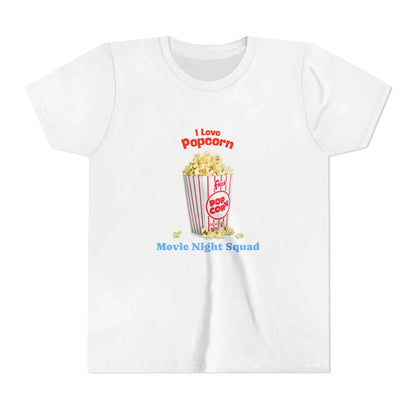 White t-shirt with graphic of popcorn bucket and text 'I Love Popcorn Movie Night Squad'